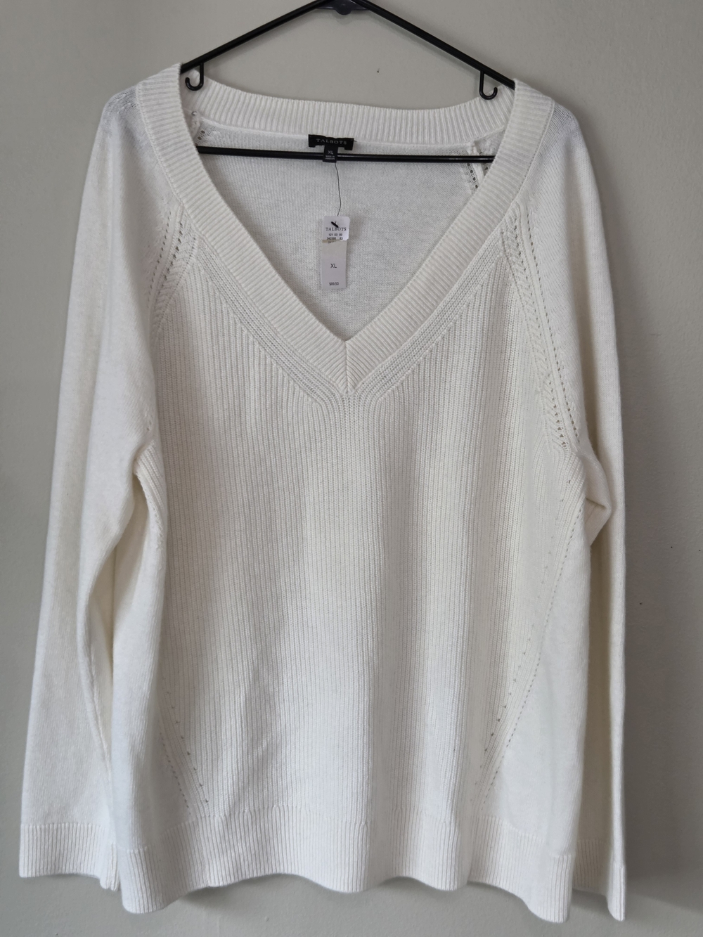 Talbots Cream V-Neck Ribbed Cashmere-Blend Sweater